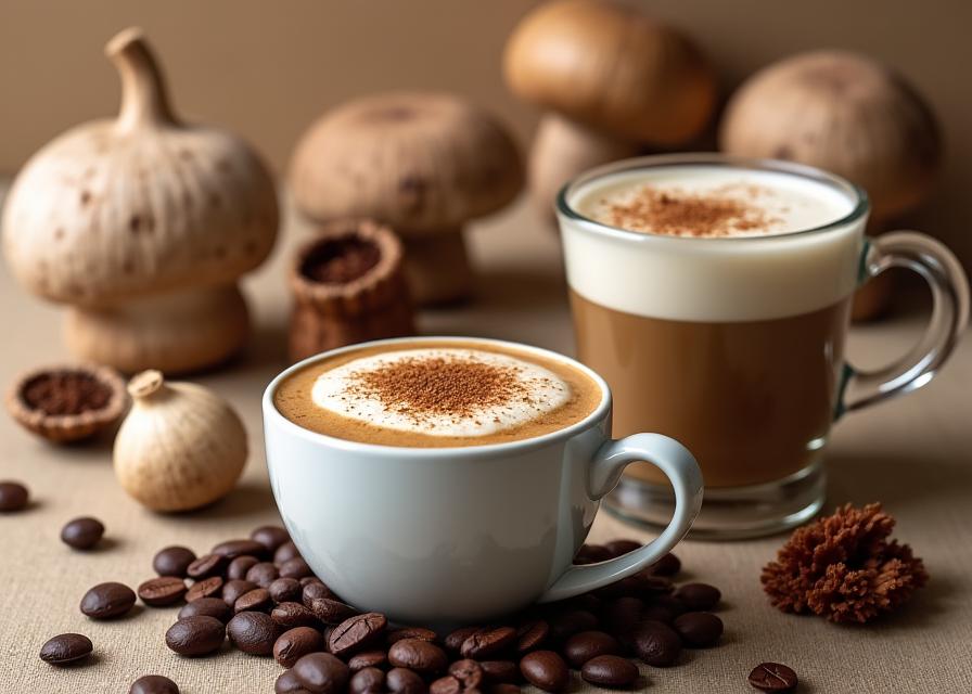 Decaf coffee and wellness beverages including mushroom coffee